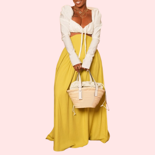 White Long Sleeve Sheath Short Top & Yellow Long Skirt Set