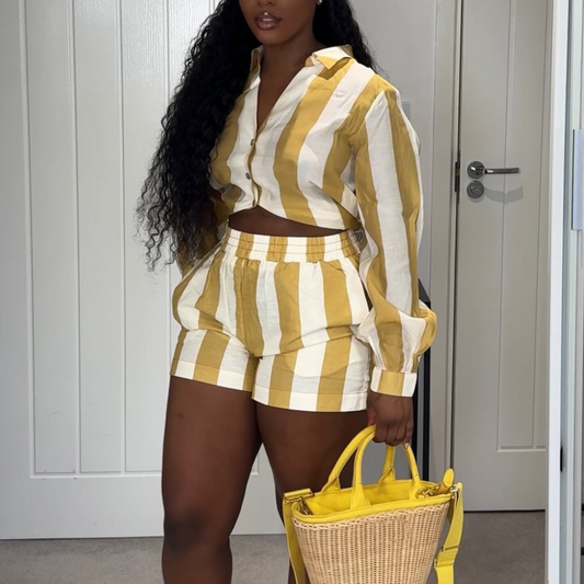 Yellow and White Striped Long Sleeve Shirt Shorts Set