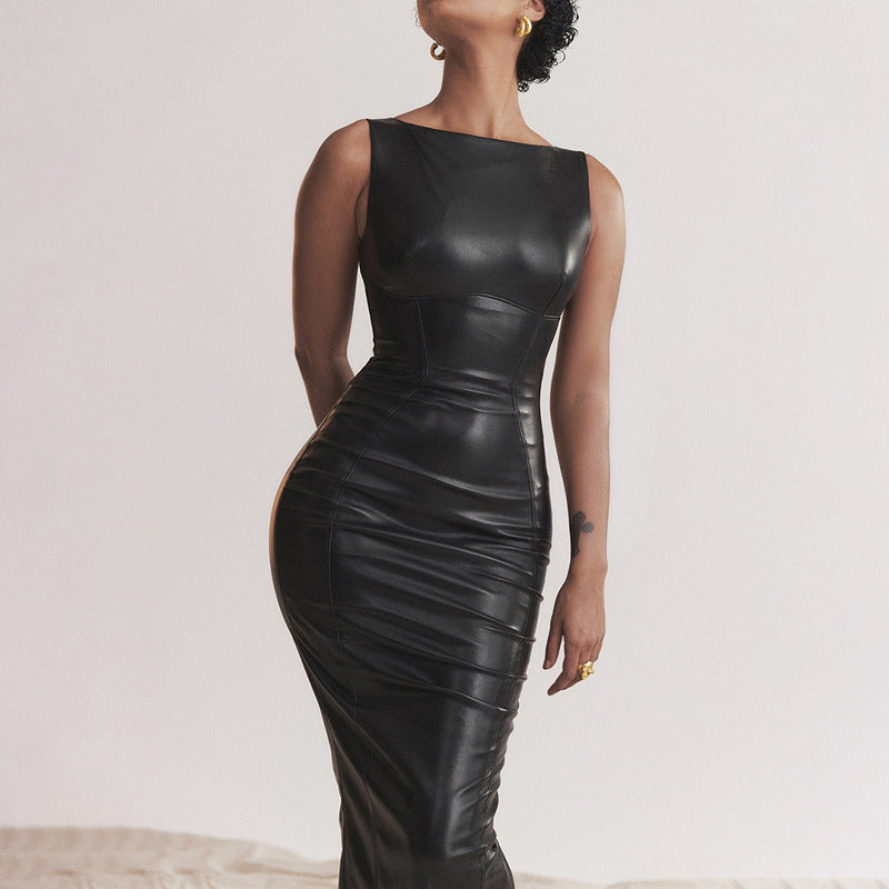 Black Leather Sleeveless Maxi Dress