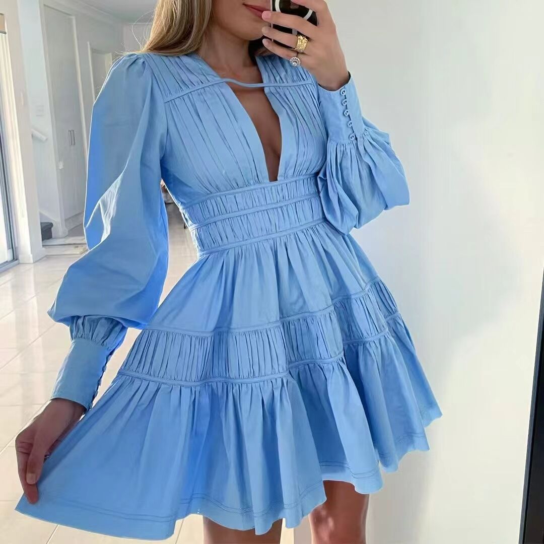 Blue Pleated Cutout Mini Dress