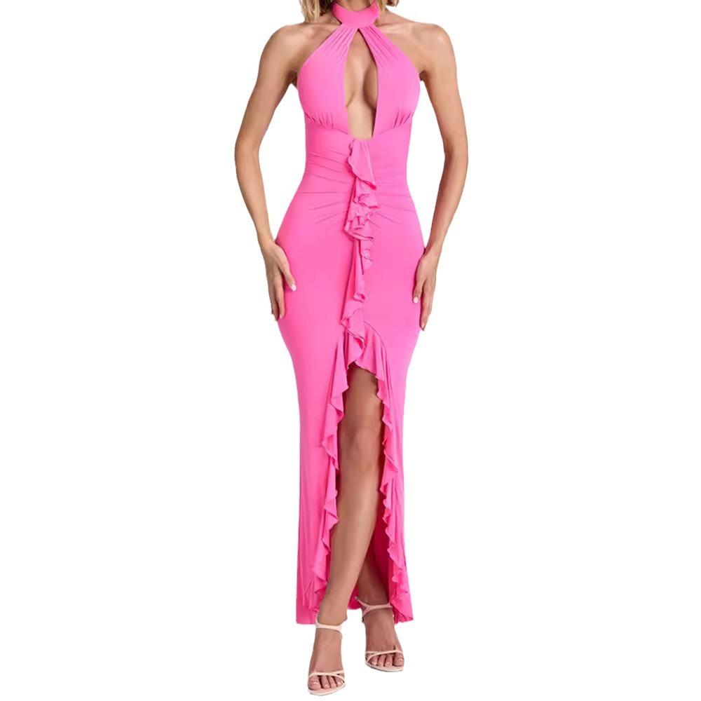 Ruffled Hollow Backless Slit Maxi Dress