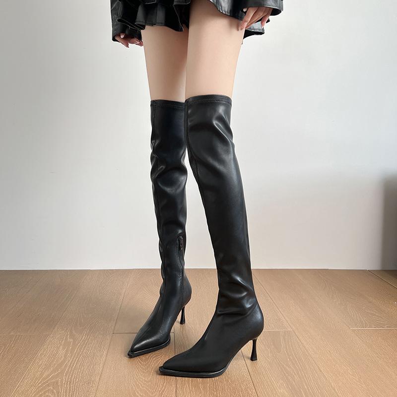 Black Zipper Knee High Leather Boots