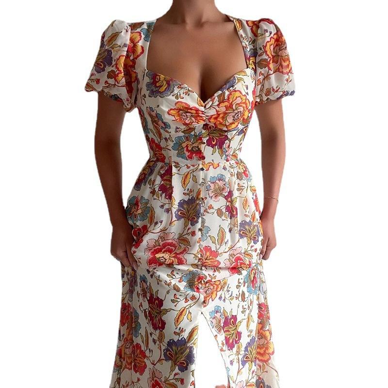 Floral square-neck slit dress