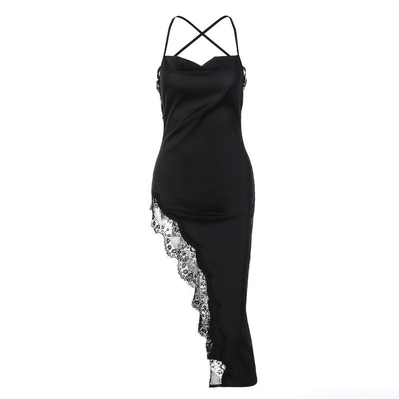 Black Sexy Lace Split Midi Dress