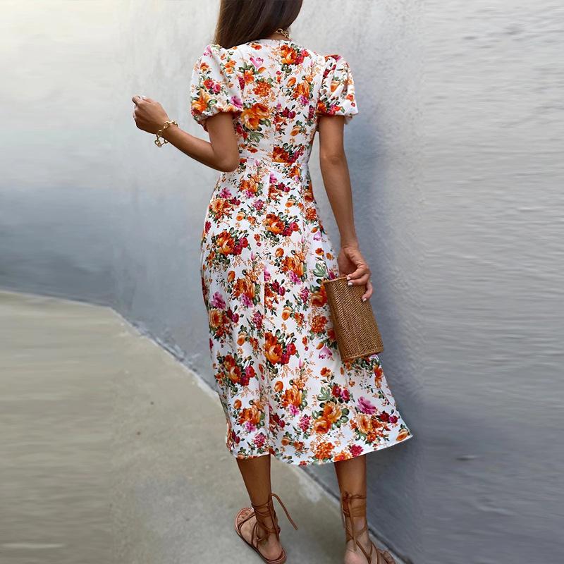 Floral square-neck slit dress