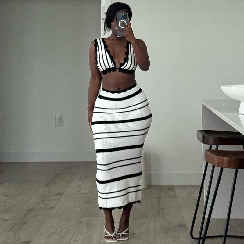 Deep V Backless Top Striped Halter Skirt Set