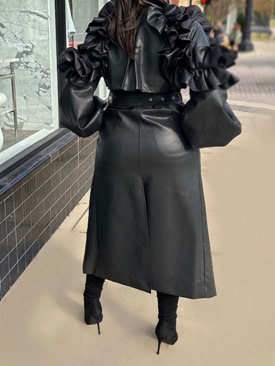 Wide Lapel Long Sleeve Ruffled Patchwork PU Coat