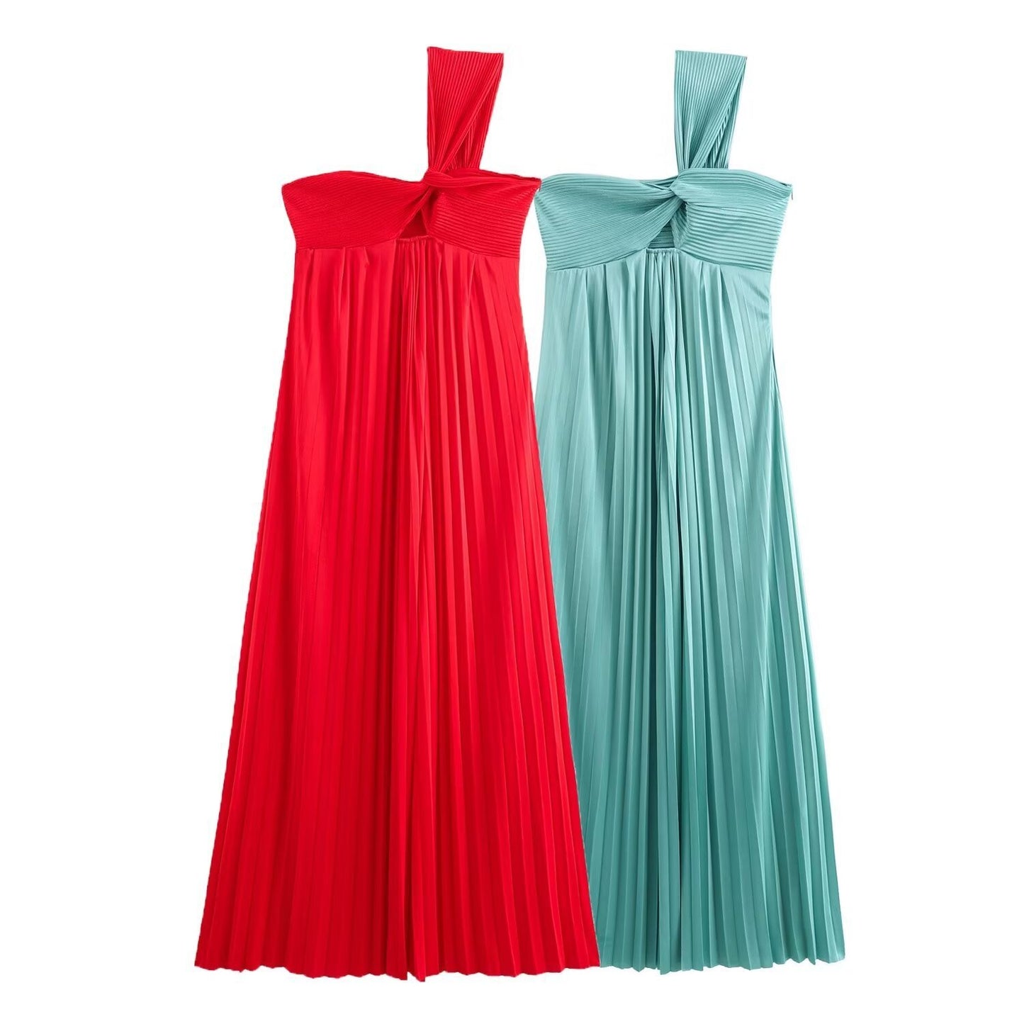 Pleated Slant Shoulder Maxi Dress