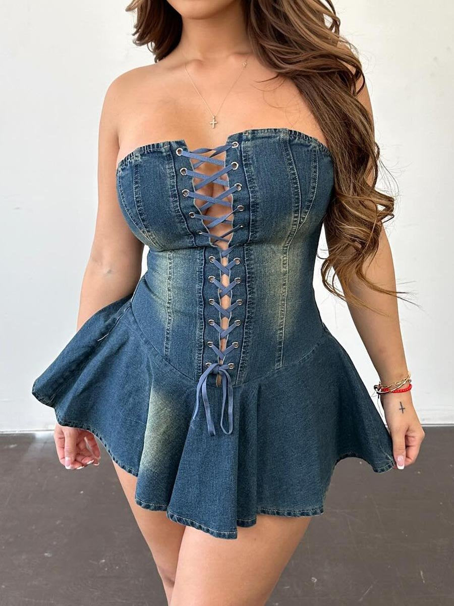 Zipper Lace-Up Sexy Denim Dress