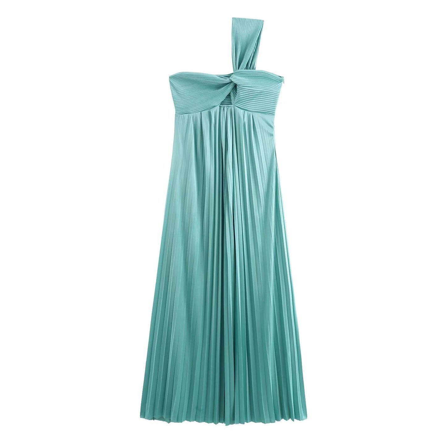 Pleated Slant Shoulder Maxi Dress