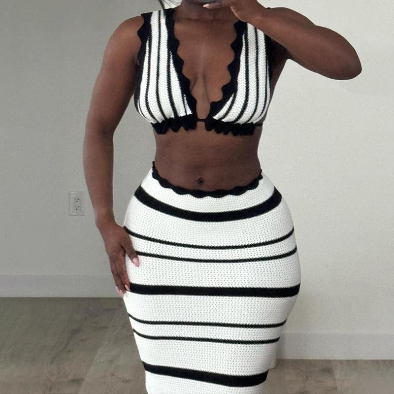 Deep V Backless Top Striped Halter Skirt Set