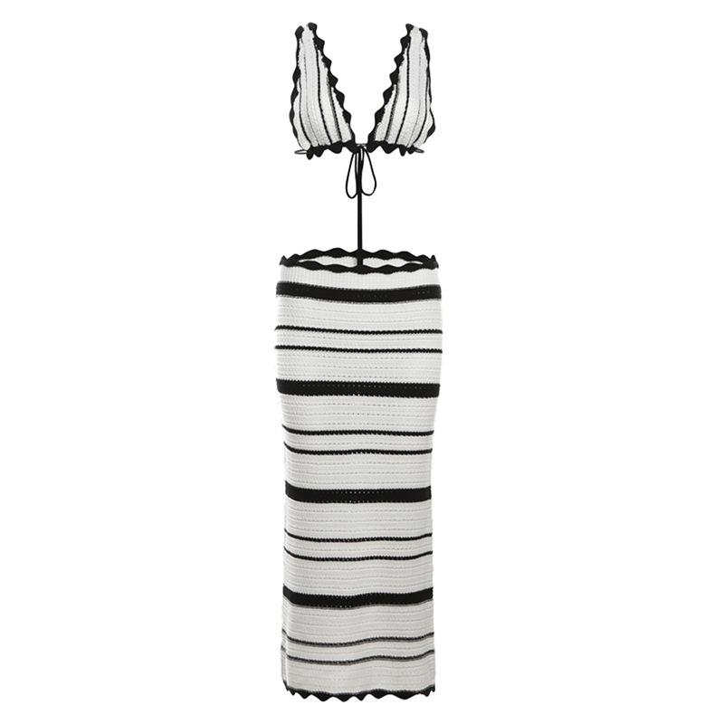 Deep V Backless Top Striped Halter Skirt Set