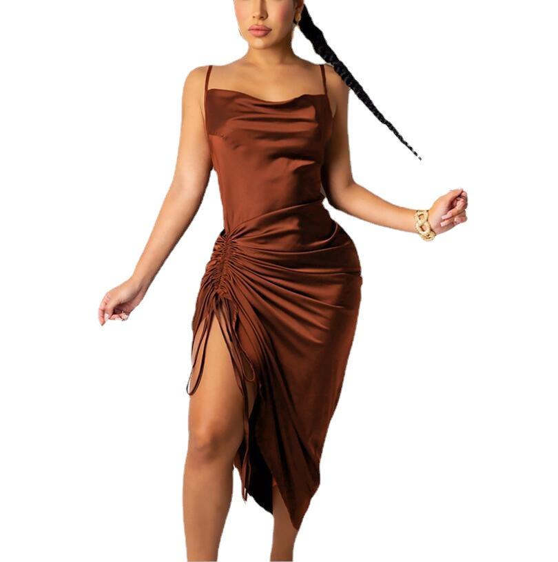 Backless Lace-Up Pleated Split Maxi Dress