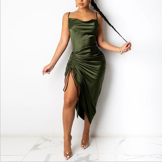 Backless Lace-Up Pleated Split Maxi Dress