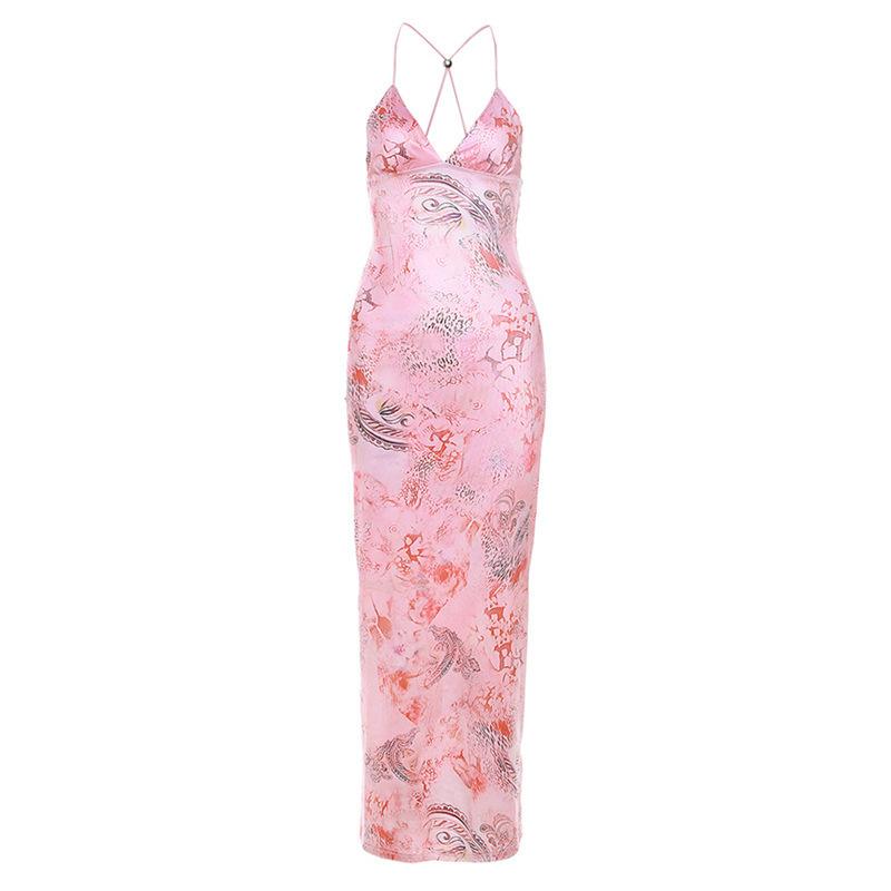 Neck-hanging Floral Printed Hip Wrap Dress