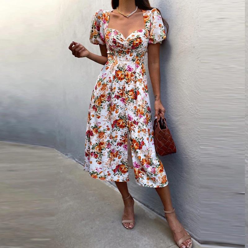 Floral square-neck slit dress