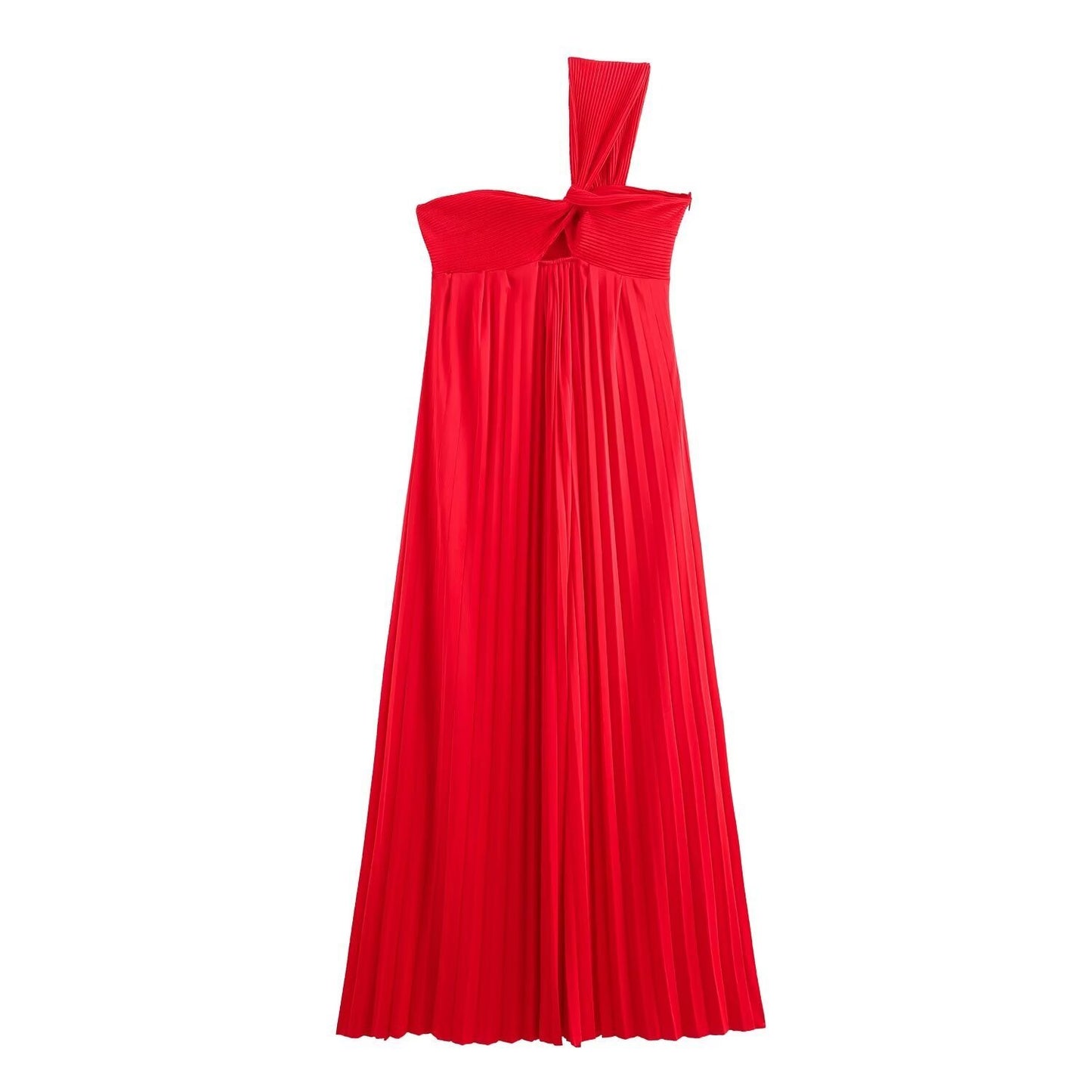 Pleated Slant Shoulder Maxi Dress