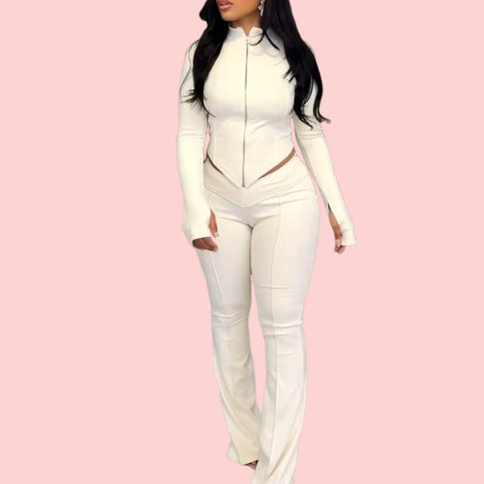 White Long Sleeve Zipper Top & Pants Set