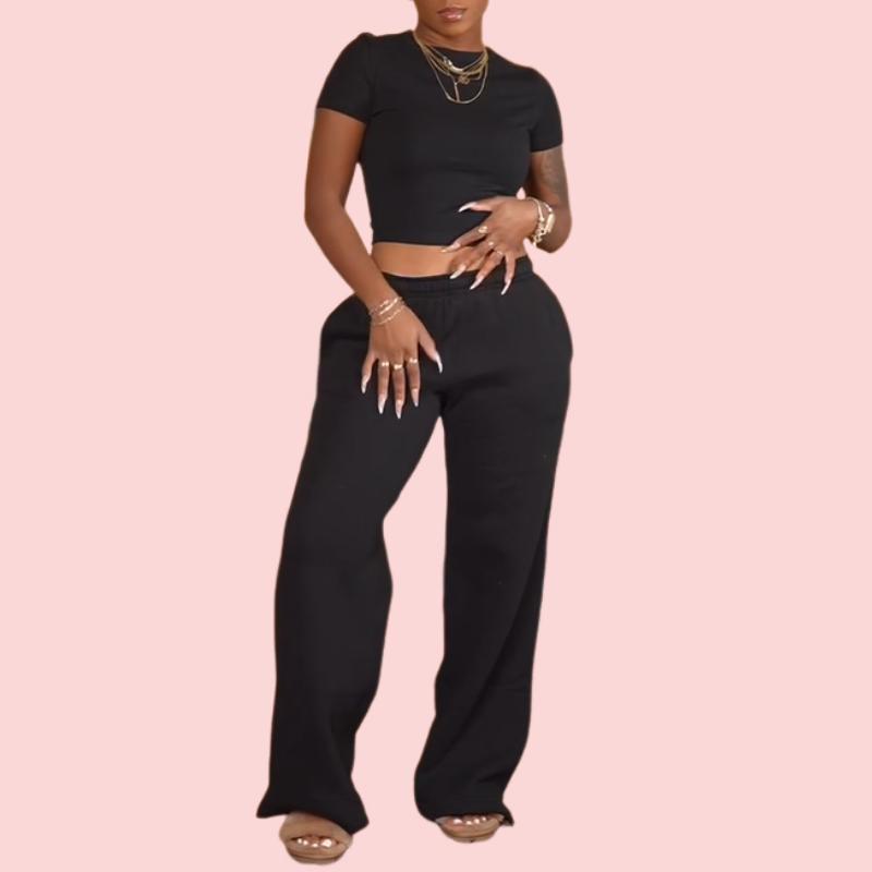 Black Cotton Short Top & Pants Casual Set