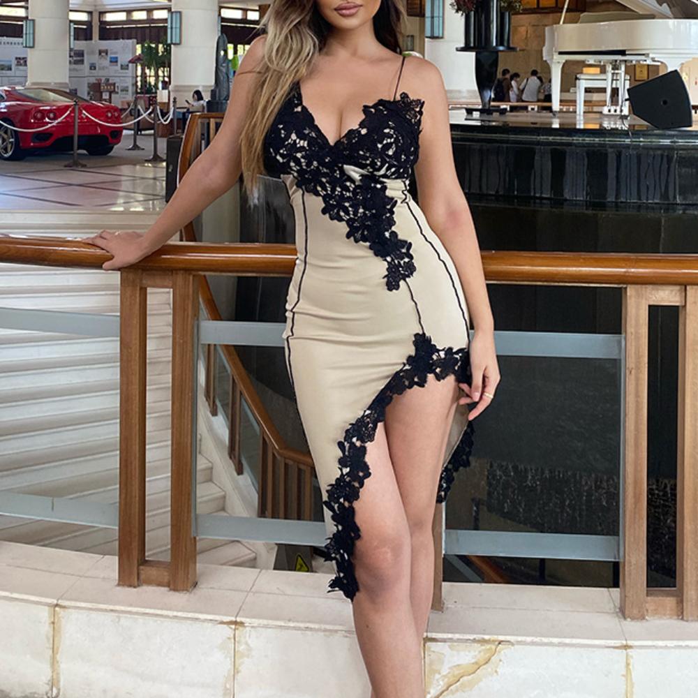 Sexy V-Neck Lace Floral Halter Dress