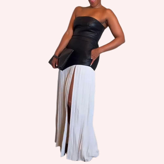 Black Leather Bustier Top White Pleated Patchwork Halter Skirt Set