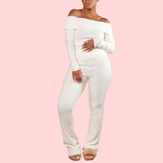 White Knit Shoulderless Long Sleeve Top & Pants Set