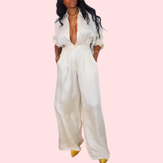 White V-Neck Long Sleeve Wide Leg Jumpsuit