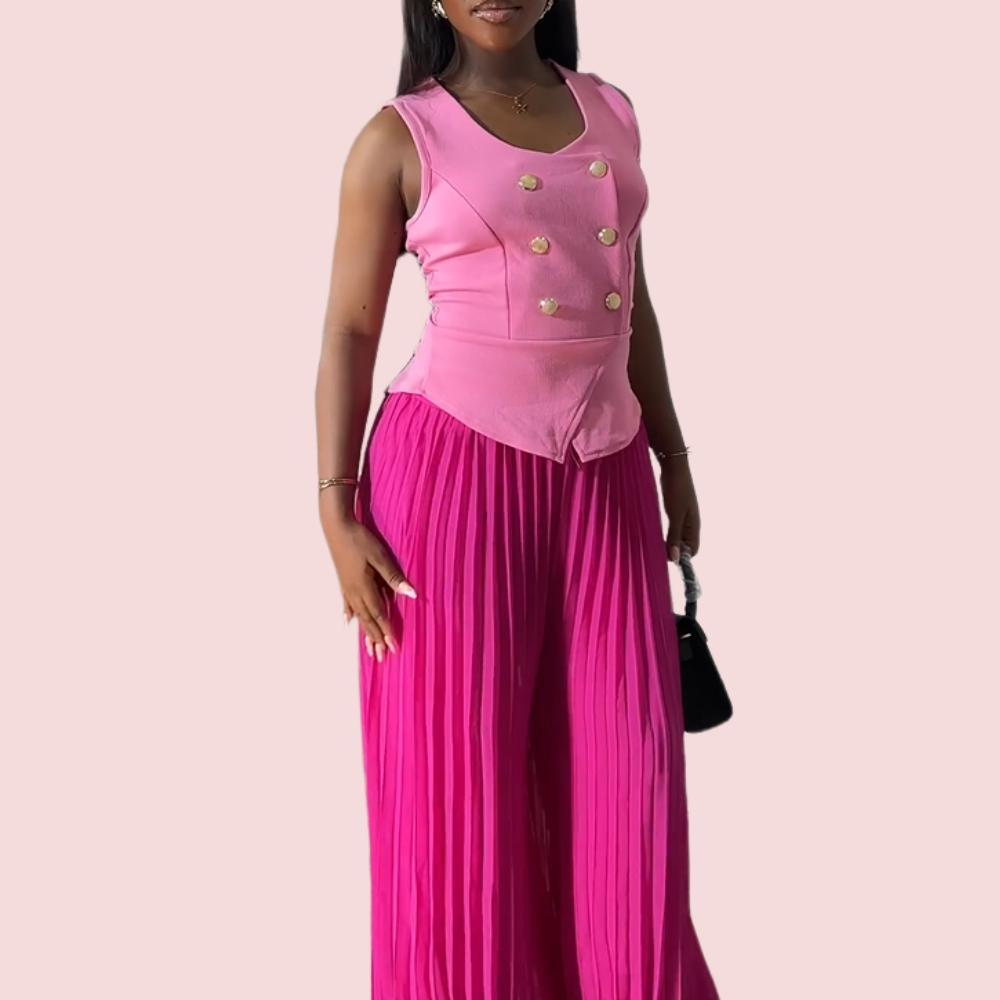 Pink Sleeveless Button Down Top Pleated Pants Set