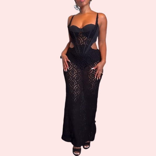 Black Sexy Lace Hollowed Out Maxi Dress