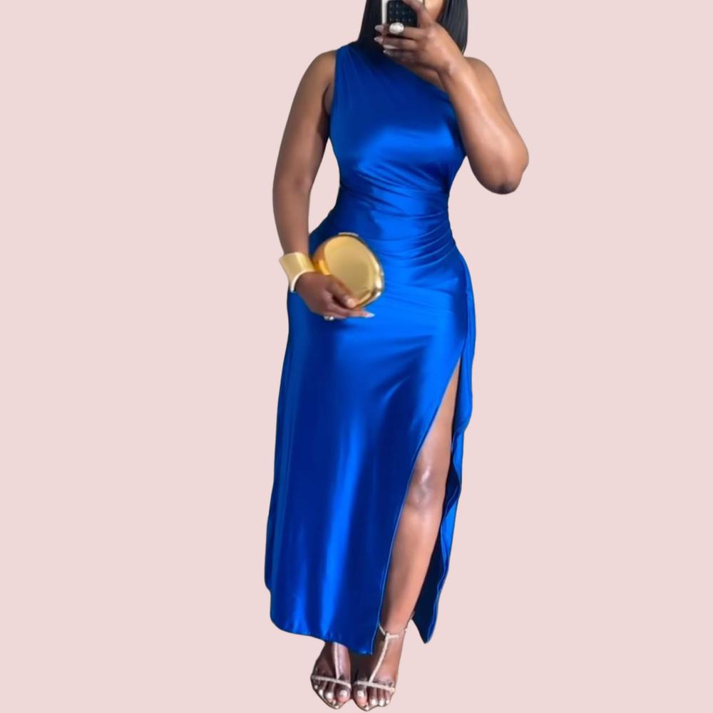 Blue Satin Shoulder Split Maxi Dress