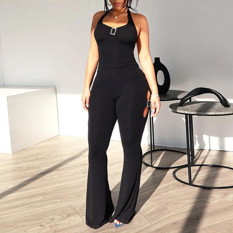 Casual Effect Halter Rhinestone Buckle Jumpsuit