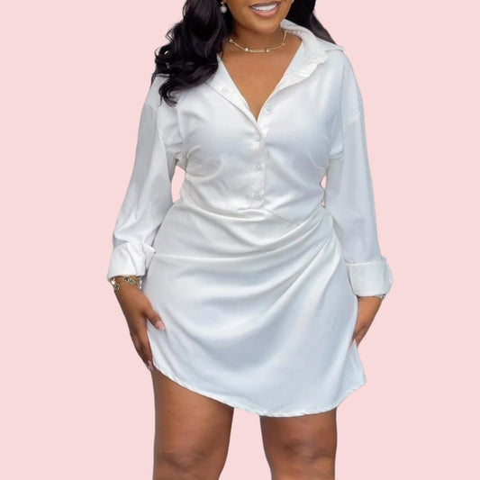 White Long Sleeve Shirt Neck Mini Dress