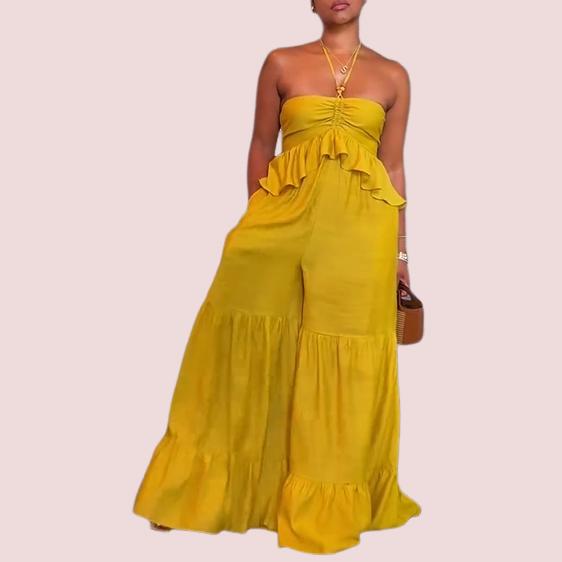 Yellow Halter Lace Wide Leg Jumpsuit