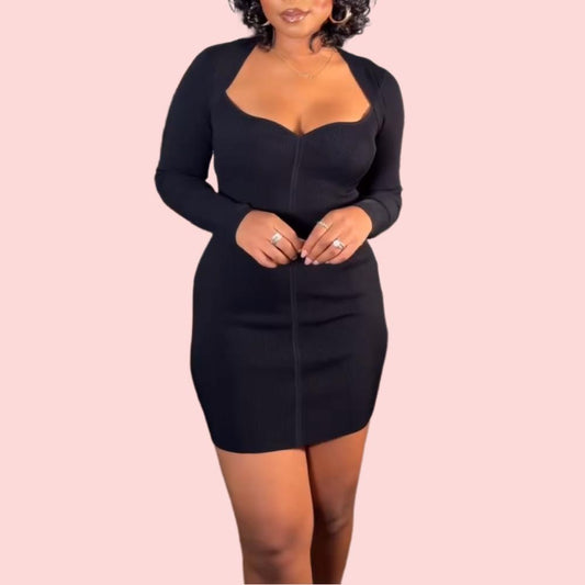 Black Zipper Long Sleeve Mini Dress