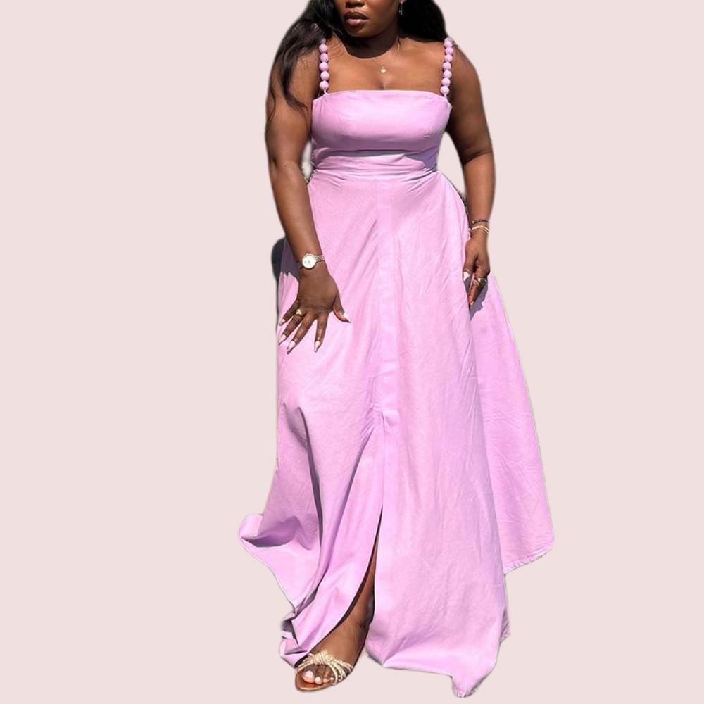 Pink Beaded Chain Halter Maxi Dress