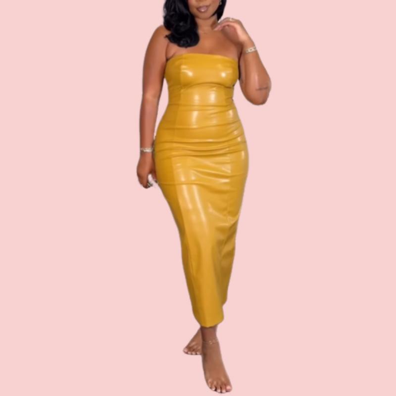 Yellow Wrap Leather Dress