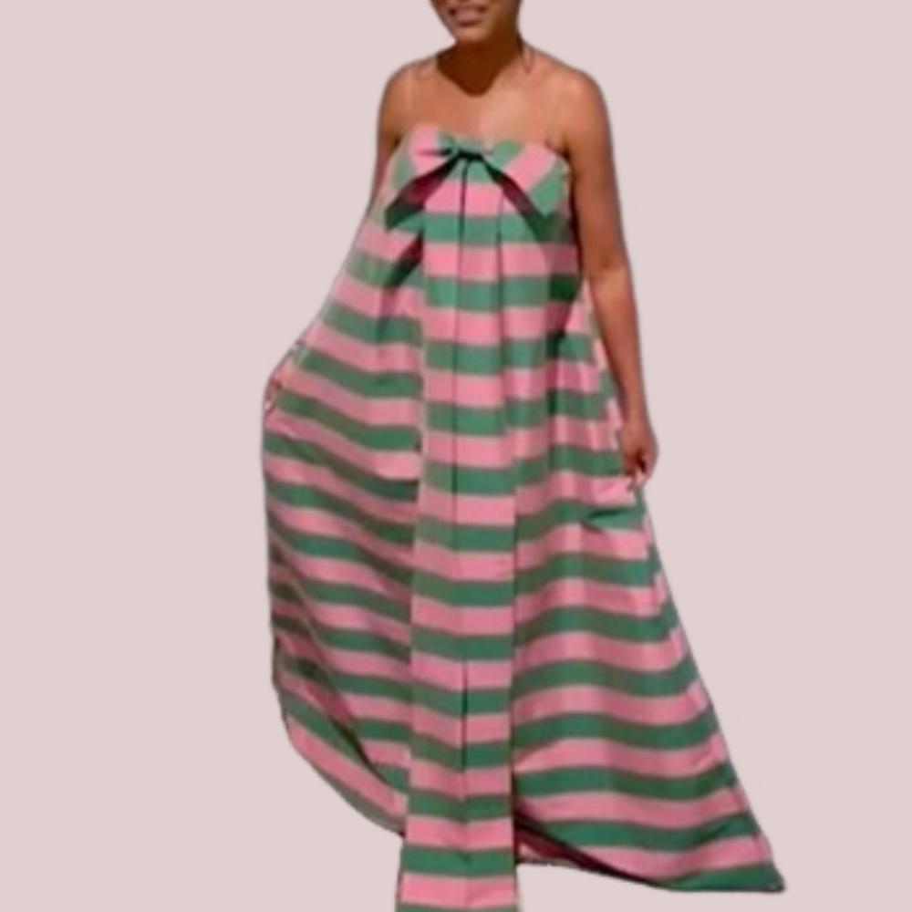 Pink and Green Striped Halter Maxi Dress