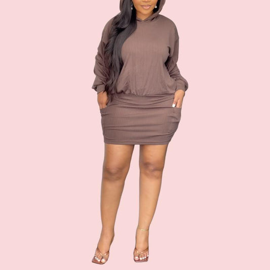 Brown Hooded Long Sleeve Top & Skirt Set