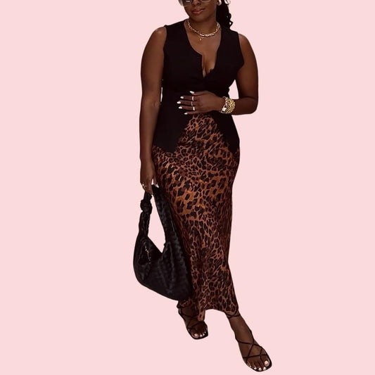 Black Vest & Leopard Print Skirt Set