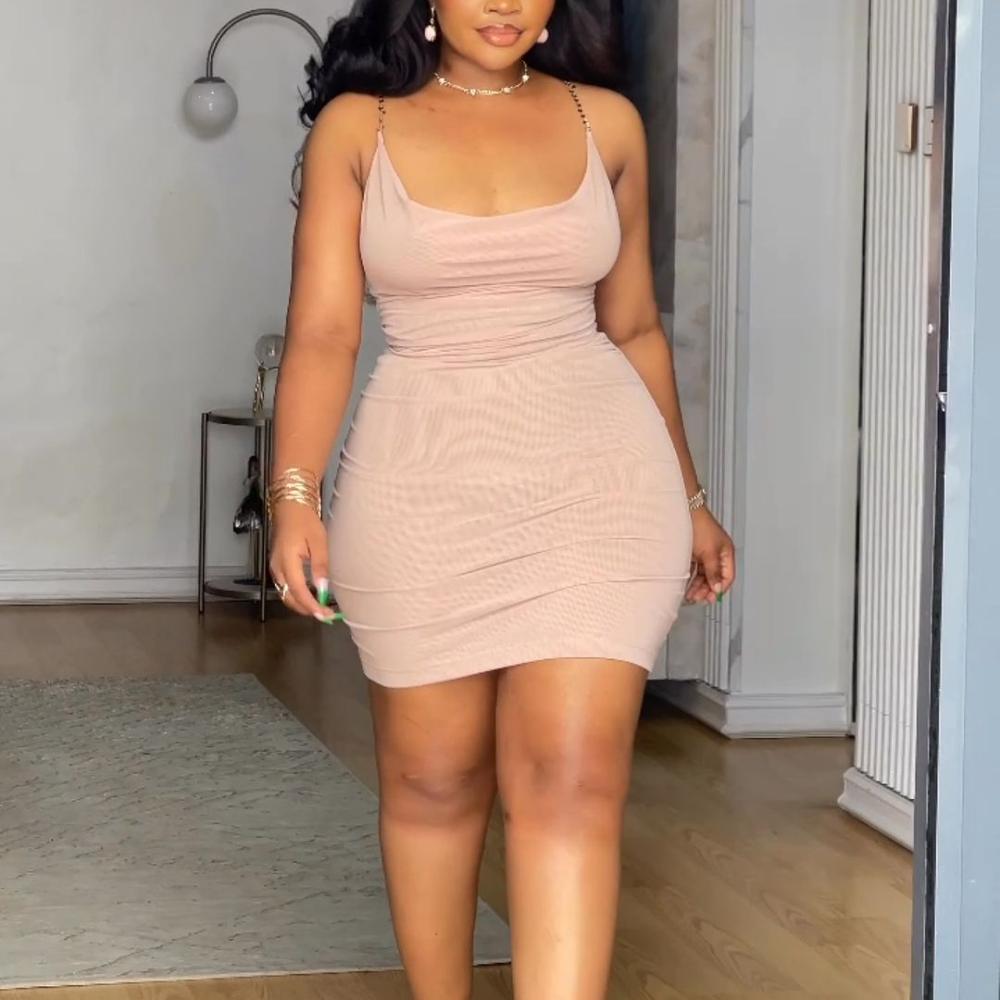 Sexy Flesh Color Sling Wrap Hip Mini Dress