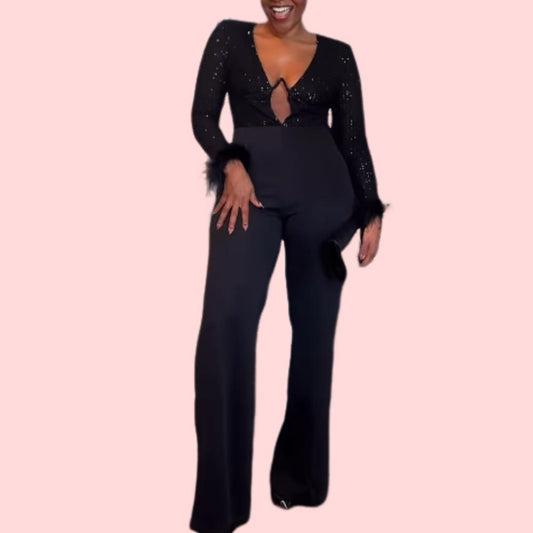 Black Sequin Patchwork Cutout Jumpsuit