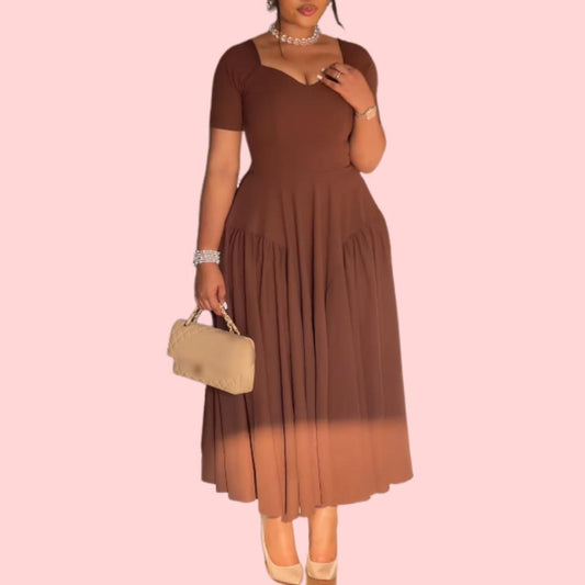 Brown Short Sleeve Pleated Long Maxi Dress