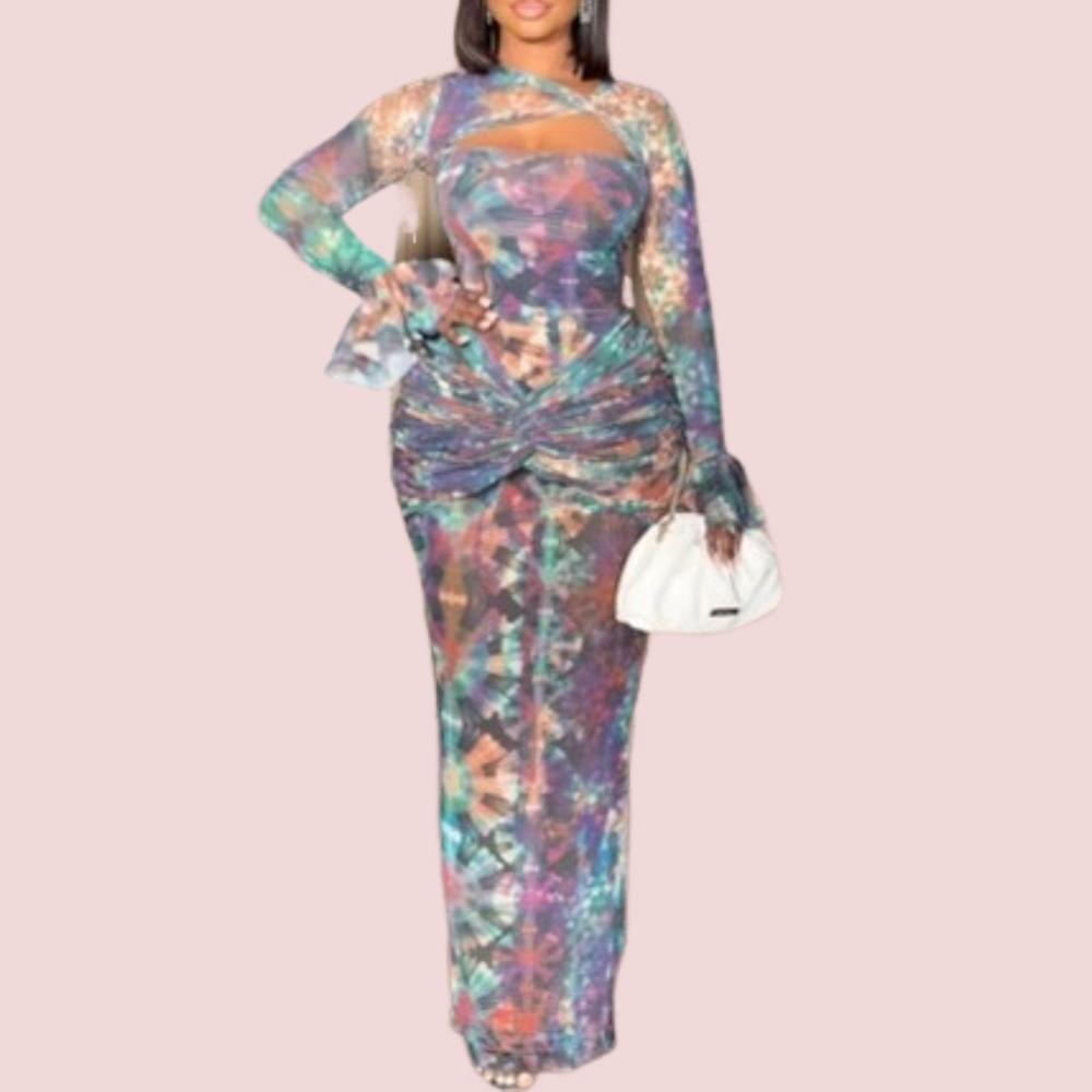 Tie-Dye Hollow Lace Long Sleeve Maxi Dress