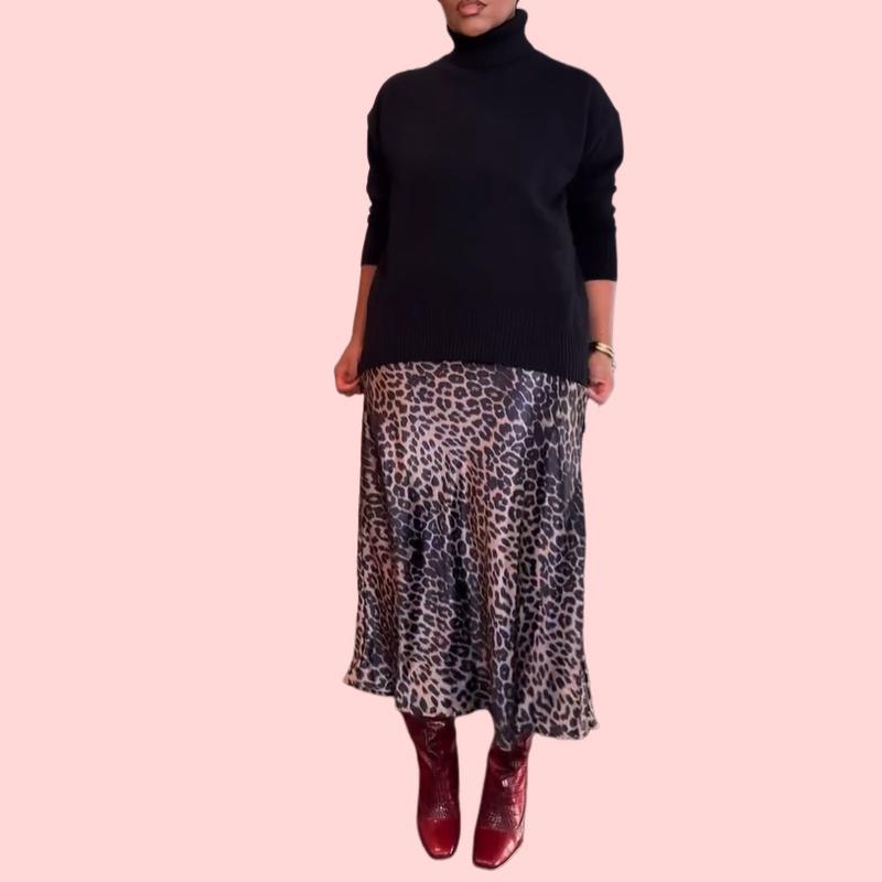 Black Turtleneck Sweater & Leopard Print Skirt Set