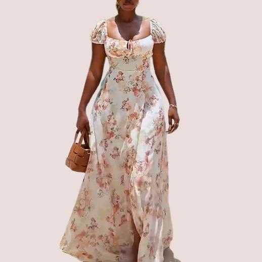 Bubble Sleeve Floral Print Split Maxi Dress