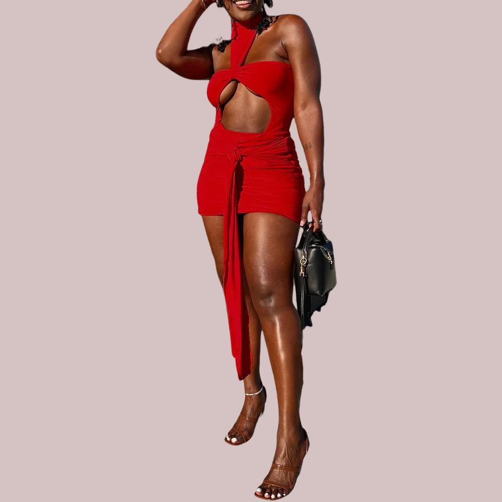 Red Strappy Sling Neck Cutout Mini Dress