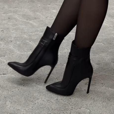 Black Zipper Heeled Leather Boots