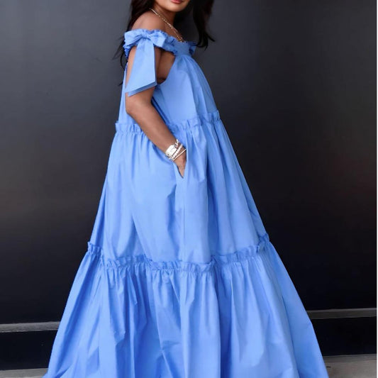 Blue Strapless Pleated Dress