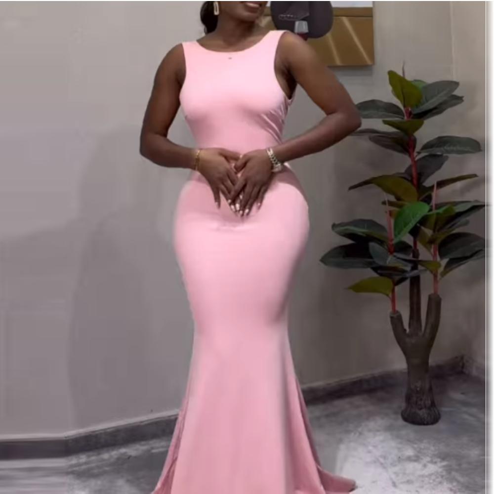 Pink Elegant Leaky Back Sleeveless Maxi Dress