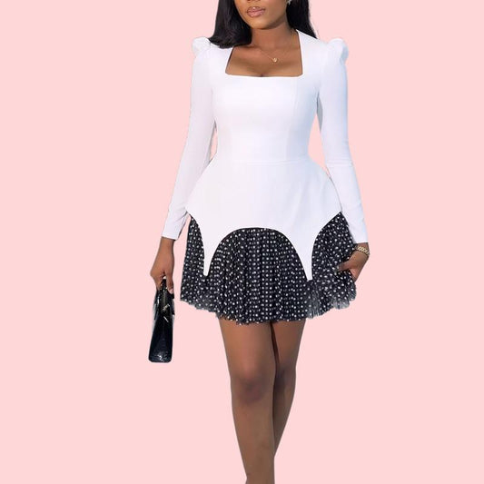 White Black Mesh Patchwork Long Sleeve Mini Dress